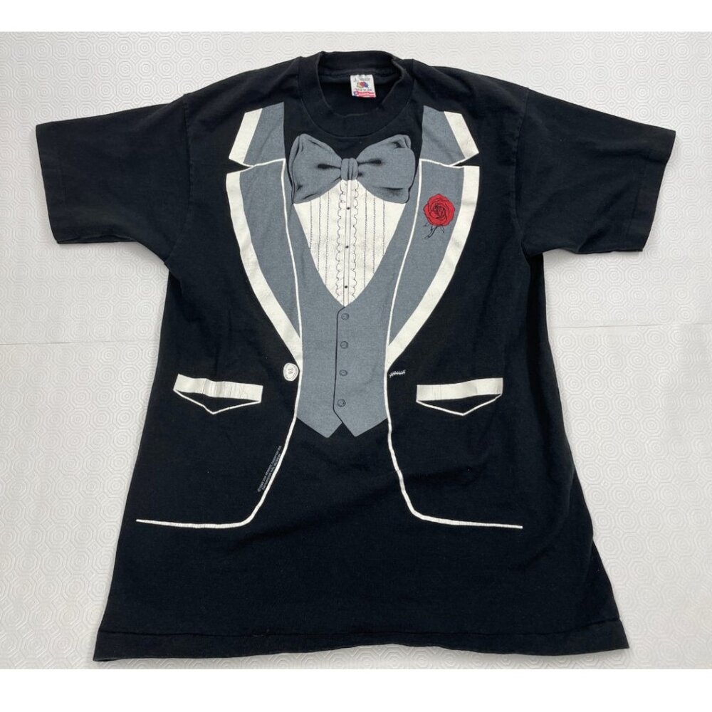 Vintage 1980 Fruit of the Loom Tuxedo Bowtie Graphic Tee Shirt Men's Large